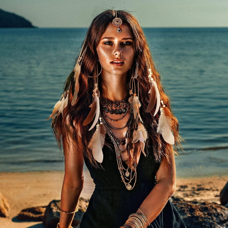 Geyoga 12 Pcs Feather Hair Clip Boho Hair Extensions with Feather Clip Comb Hippie DIY Accessories Hairpin Tribal Braided Beads Headdress for Women(Brown, Dark Brown,Stylish) - Image 4